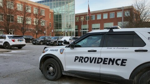 A police car sits outside the Providence Public Safety Complex on Tuesday, Dec. 16, 2025.