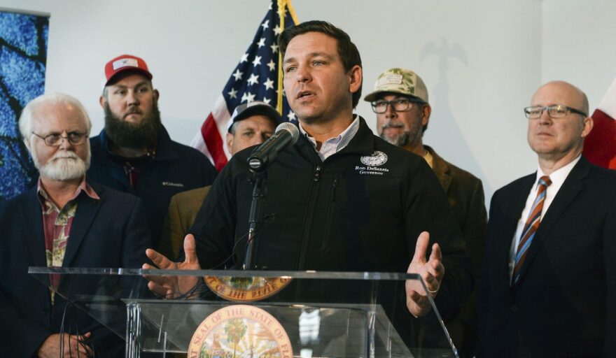 Republican Gov. Ron DeSantis announces funding for his environmental policy during a press conference at Mote Marine Laboratory in Sarasota, Fla., on Thursday, Jan. 10, 2019. (Dan Wagner/Sarasota Herald-Tribune via AP)