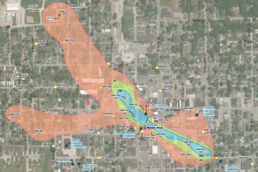 A map of contaminated groundwater in Martinsville, 2021. The EPA suspects the PCE and TCE pollution mostly came from a local laundry and dry cleaning business in the 1980s. 