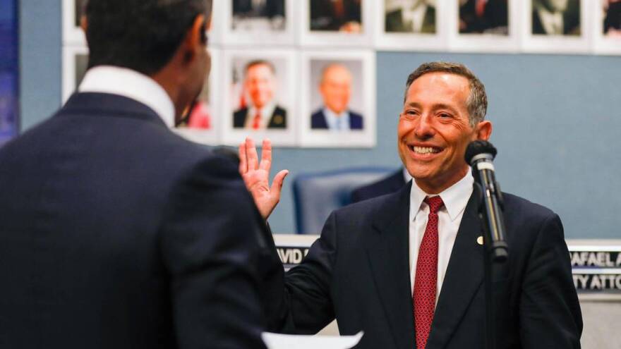 Miami Beach Commissioner Mark Samuelian gets sworn in for his second term by Miami Mayor Francis X. Suarez during a ceremony held at Miami Beach City Hall in Miami Beach, Florida, on Monday, Nov. 22, 2021.