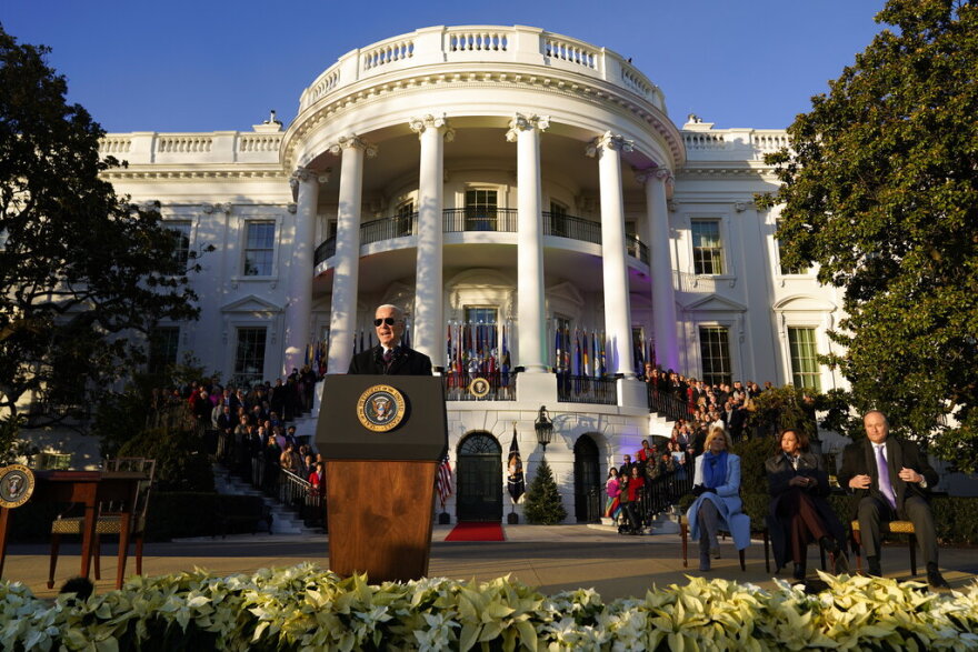 President Joe Biden speaks during a bill signing ceremony for the Respect for Marriage Act, Tuesday, Dec. 13, 2022, on the South Lawn of the White House in Washington. (AP Photo/Patrick Semansky)