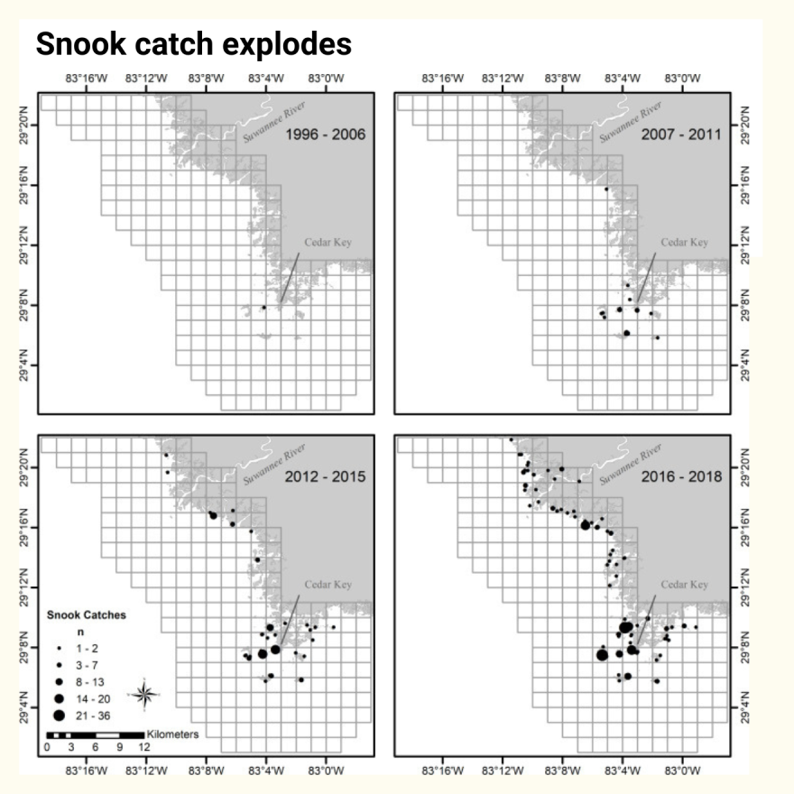 Locations of researchers' snook catches in the Suwannee River estuary, Florida, from 1996 through 2018. (© 2020 Purtlebaugh et al)