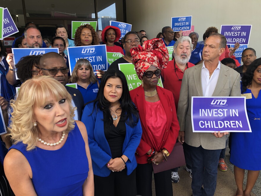 From left, Miami-Dade County school board member Maritere Rojas, United Teachers of Dade president Karla Hernandez-Mats, board member Dorothy Bendross-Mindingall and state Rep. Robert Asencio offer their support for a referendum to raise property taxes.
