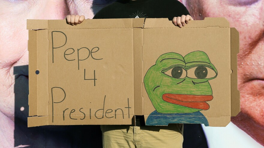 A man poses with a sign of Pepe the Frog outside Hofstra University in Hempstead, N.Y., site of Monday's first presidential debate between Donald Trump and Hillary Clinton.