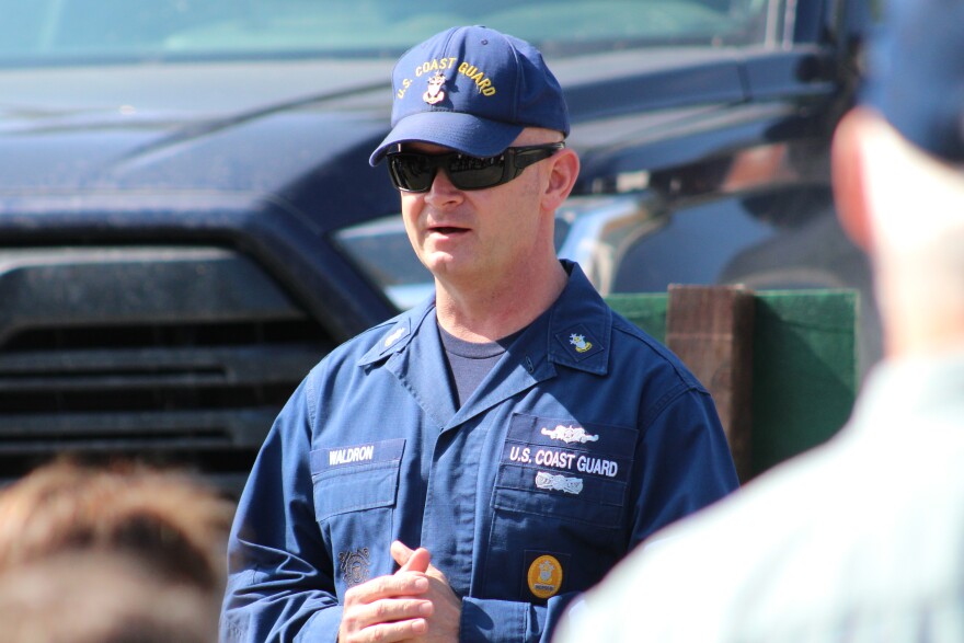 Master Chief Petty Officer of the Coast Guard Phillip Waldron speaks at a community celebration of new U.S. Coast Guard ships on Monday, Aug. 10, 2026 in Seward, Alaska.