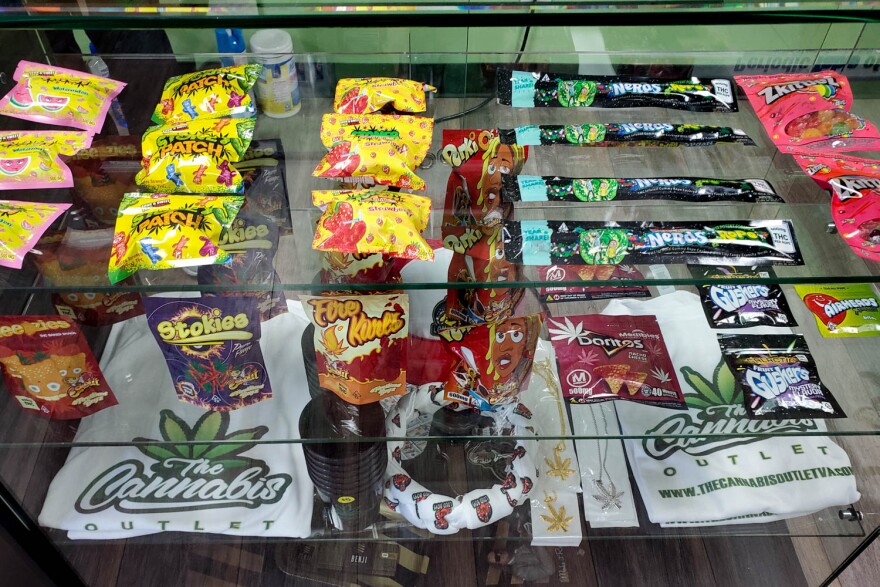 Products in a display counter at the Cannabis Outlet in Portsmouth advertise high THC concentrations.