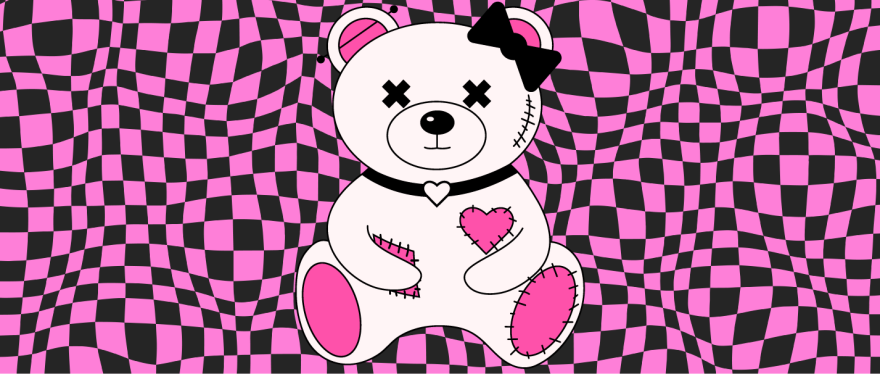 Goth-looking teddy bear with black bow and choker necklace. There's a pink and black checkered background behind it. 