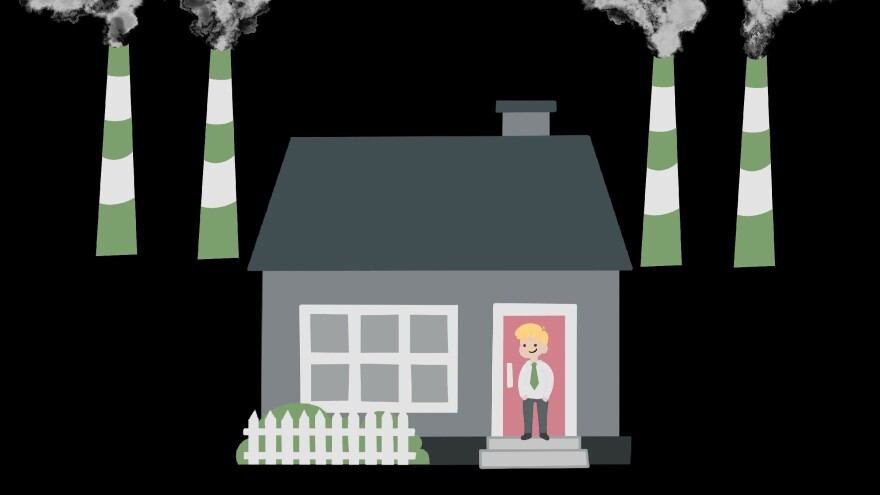 Wuft icon  cartoonish vector illustration of a house with a blond man in shirt and tie 