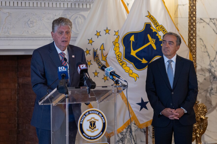 Gov. Dan McKee (left) announces Superior Court Judge Luis Matos as his nominee for the Rhode Island Supreme Court during a news conference. Credit: Rose Wheeler/Ocean State Media