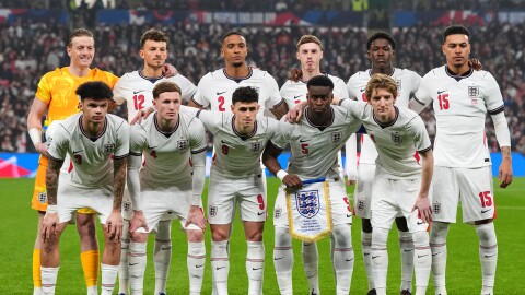 England players pose for a team photo before the start of the International friendly soccer match between England and Japan in London, Tuesday, March 31, 2026.