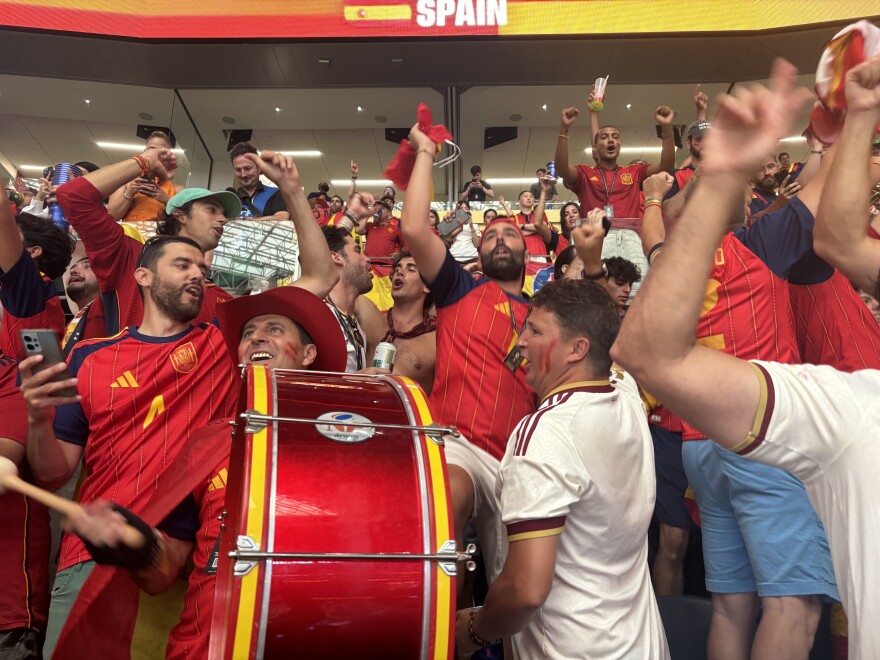 Spain fans celebrate after the team's 2-0 victory over France in the 2026 World Cup semifinal match at Dallas Stadium in Arlington.