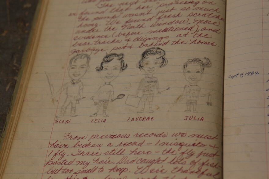 A drawing of a family during their stay at a rustic cabin in the Porcupine Mountains Wilderness State Park. (credit: Dan Wanschura / Points North)