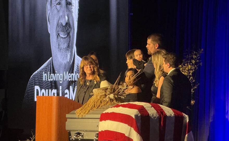 Jill LaMalfa speaking at her husband, Doug LaMalfa's memorial service alongside the LaMalfa fim