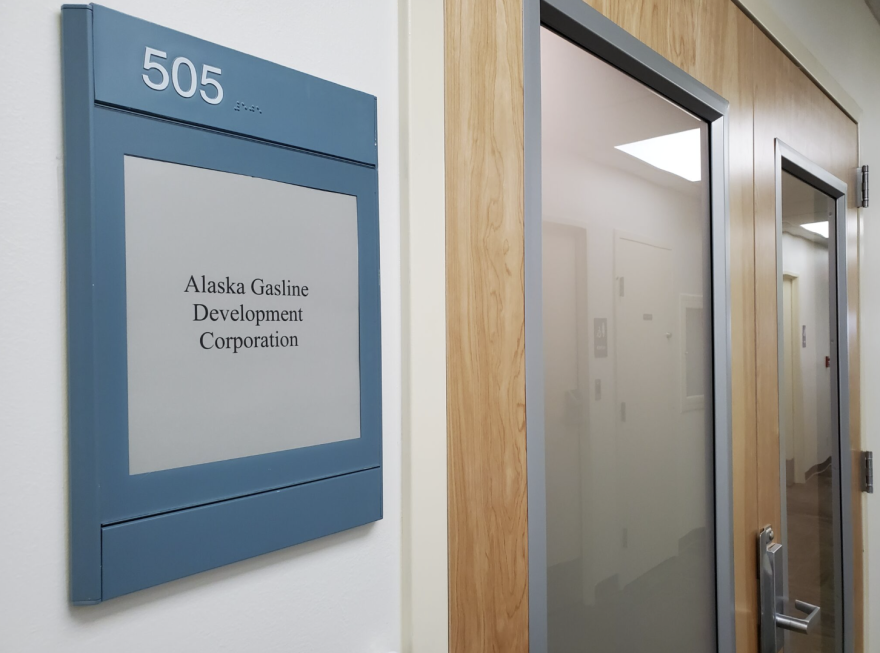The entrance to the Alaska Gasline Development Corp.’s Anchorage office is seen on Aug. 11, 2023.