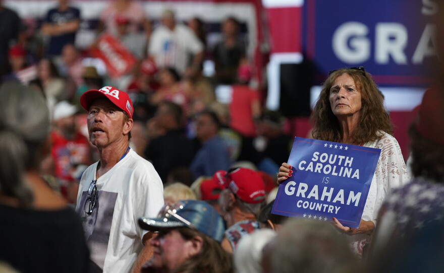 Supporters await President Donald Trump at the rally for Sen. Darline Graham at the Myrtle Beach Convention Center on Aug. 21, 2026.