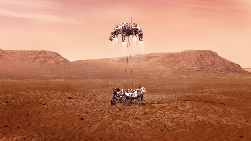 - Coming down from its sky crane, rover Perseverance touches down on Mars. Artist’s concept by NASA/JPL-Caltech