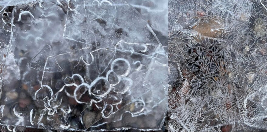 close ups of frozen ice shards making complex patterns