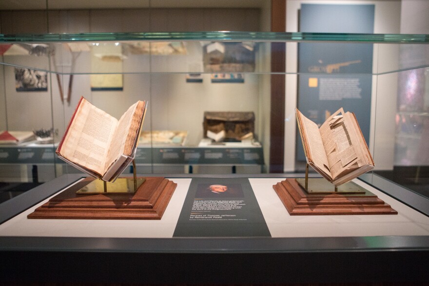 <em>The Life and Morals of Jesus of Nazareth</em>, left, was created by Thomas Jefferson to express his own rational approach to faith. Using a pen knife and glue, Jefferson crafted a condensed version of the New Testament, right, in keeping with the spirit of the Enlightenment.