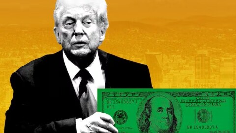 Illustration of a black and white photo of Donald Trump holding a giant green dollar bill on an orange background.