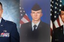 Three men wearing U.S. Air Force uniforms, with U.S. flags behind them.