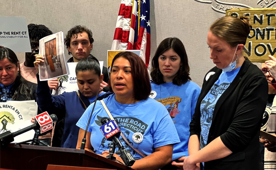 A Make the Road Connecticut member shares testimony during a housing justice press conference, accompanied by Mary Smith, Co-Deputy Director of Make the Road Connecticut at the Legislative Office Building February 21st 2023.