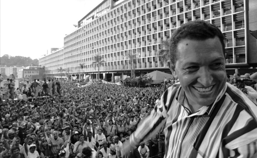 Chavez addresses a crowd in Caracas on Feb. 4, 1998, the anniversary of the failed 1992 coup that would launch his military career.