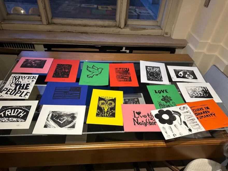Prints made by participants at the Boston Public Library's printmaking workshops. (Courtesy Crystalle Lacouture)