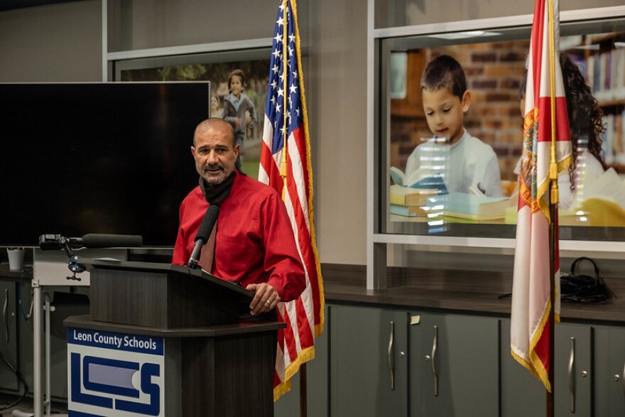 Leon school superintendent Rocky Hanna addresses reporters at a press conference