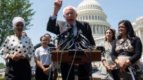 Sen. Bernie Sanders (2nd L), Independent of Vermont, Representative Pramila Jayapal (R), Democrat of Washington, Representative Alexandria Ocasio-Cortez (2nd R), Democrat of New York, and Representative Ilhan Omar (L), Democrat of Minnesota, hold a press conference to introduce college affordability legislation outside the US Capitol in Washington, DC, June 24, 2019. (Saul Loeb/AFP/Gety Images)