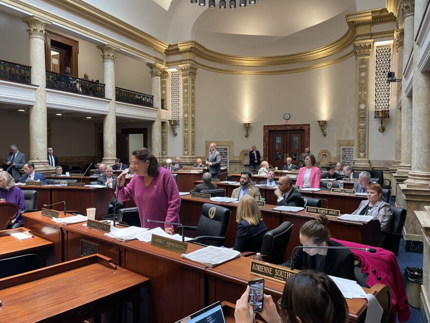 Senate Debate on SB 115- In the foreground-Louisville Senator Karen Berg- Behind her Smithfield Senator and Bill Sponsor Lindsey Tichenor