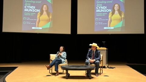 Rep. Cyndi Munson answering a student's question at Oklahoma State University