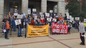 Local 955 workers gather for a protest at the steps of Jesse Hall on Nov. 4, 2023.