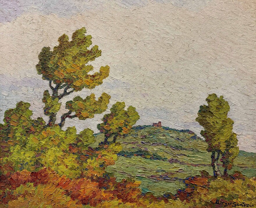 Sandzén’s paintings from his explorations of the Kansas countryside includes this 1952 painting of Coronado Heights, northwest of Lindsborg.