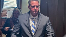 Former New York state trooper Christopher Baldner, who is charged in the death of an 11-year-old girl, leaves the court room during his trial Tuesday, Oct. 28, 2025 in Kingston, N.Y. (AP Photo/Michael Hill)