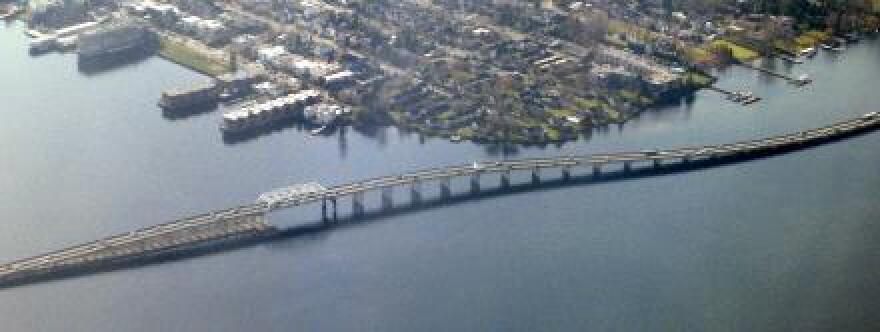 The 520 floating bridge, including the western high rise, where the bridge passes near the Madison Park neighborhood of Seattle as it heads over Lake Washington.