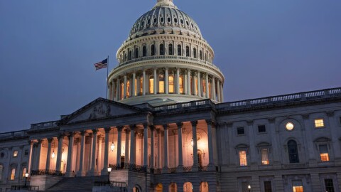 The Capitol is seen at dusk as Democrats and Republicans in Congress are angrily blaming each other and refusing to budge from their positions on funding the government, in Washington, Tuesday, Sept. 30, 2025.