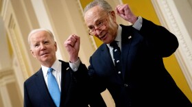 President Joe Biden and Senate Majority Leader Chuck Schumer speak to reporters as they depart the Senate Democrat policy luncheon at the Capitol on March 2.