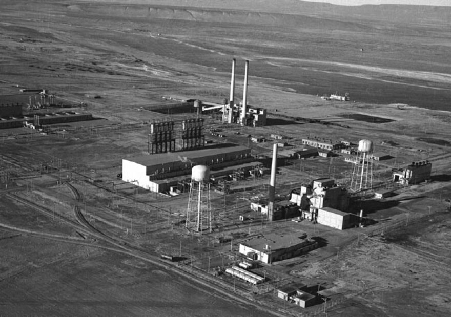 Hanford's "B Reactor can be seen between the water towers on the right side of this World War II photo.