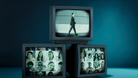 Three screens depict different methods for artificial intelligence companies to identify people. Two bottom screens feature several different headshots for facial recognition, while the top screen shows a person's gait and bodily features.