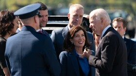 In this file photo, Gov. Kathy Hochul greets  President Joe Biden at New York Stewart International Airport on Oct. 6, 2022. While Hochul and the president are political allies, she so far has had no luck getting the White House to help with the state's migrant crisis.