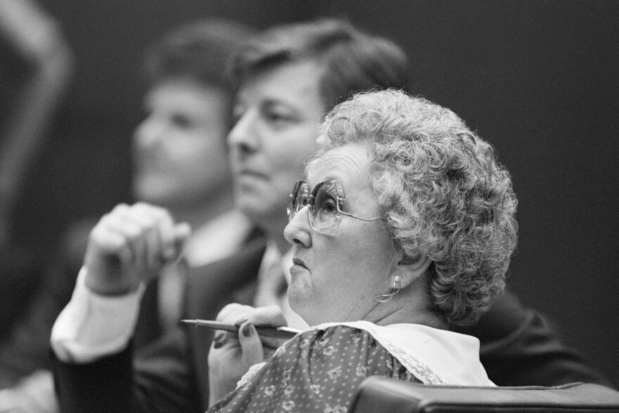 Peggy McMartin Buckey and her son Ray Buckey listen to the opening statements in their trial for allegedly sexually abusing children at the preschool they operated. They were eventually acquitted years later.