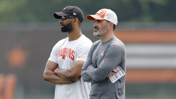 Cleveland Browns head coach Kevin Stefanski, right, stands with general manager Andrew Berry during drills at the NFL football team's practice facility Tuesday, June 6, 2023, in Berea, Ohio. 