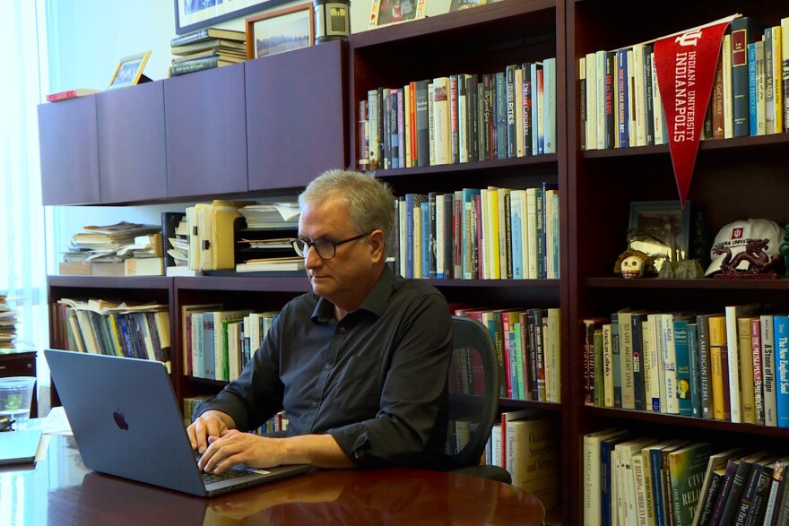 Indiana University Indianapolis Faculty Council President Philip Goff sits in his office.