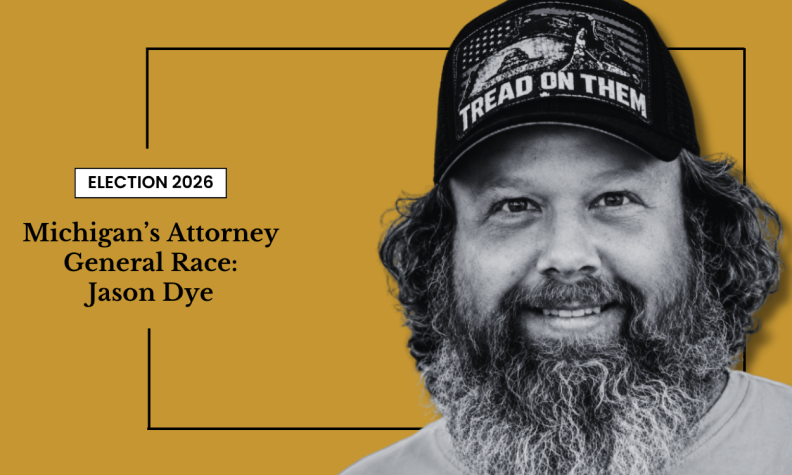 Campaign graphic for Michigan’s 2026 attorney general race: smiling Jason Dye wears a “Tread on Them” cap against a mustard-yellow background, with bold black text.
