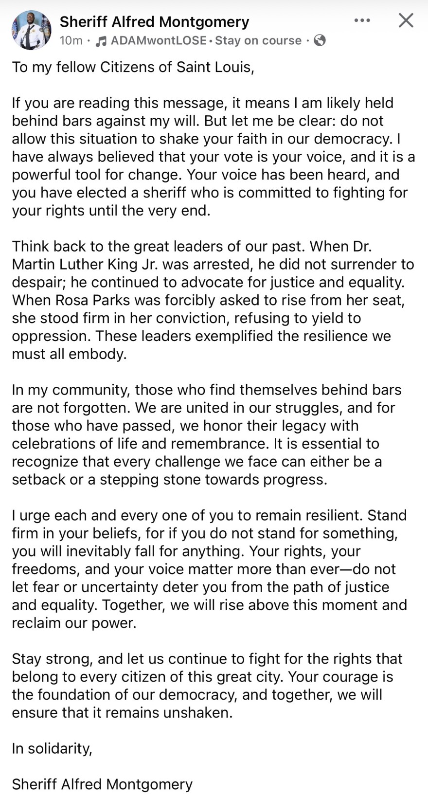 A since-deleted Facebook post from St. Louis Sheriff Alfred Montgomery.