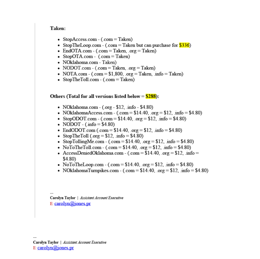 An email showing the OTA’s domain purchases ahead of the ACCESS Oklahoma rollout in February.