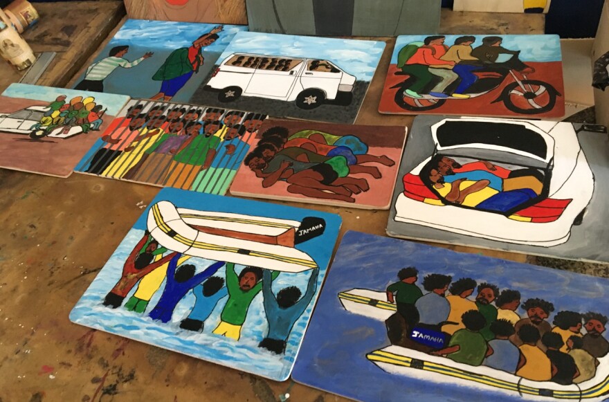Benjamin Raphael's nine-panel work illustrates his voyage from Nigeria to Italy.