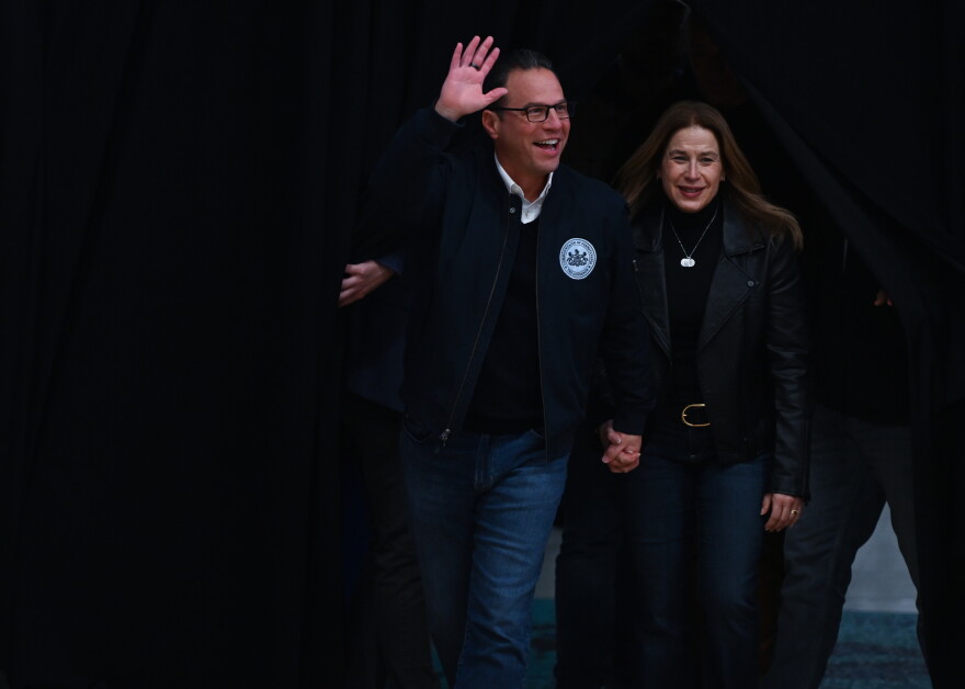 Pennsylvania Gov. Josh Shapiro and First Lady of Pennsylvania Lori Shapiro arrive at the rally at LCCC on Wednesday night. 