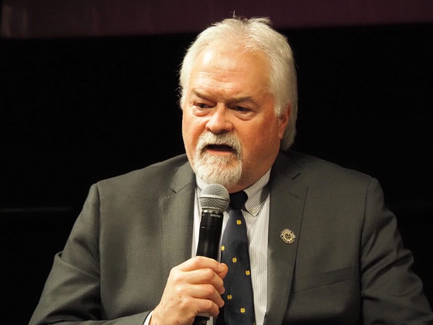 Rep. Brad Barrett, R-Richmond, addresses a crowd on Dec. 18, 2024 in Indianapolis.