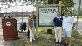 The Laurrie family joined by Niagara Falls Mayor Robert Restaino at the rededication of the Robert Laurrie Tennis Courts at Hyde Park.